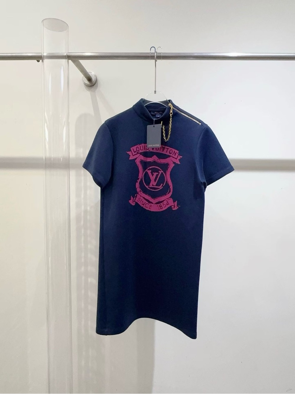 Louis Vuitton Navy Short-Sleeve Kids Logo Dress with Pink Crest